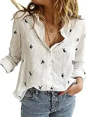 [Valtorixia] Womens V Neck Roll up Long Sleeve Button Down Linen Shirts Blouses Roll Up Casual Work Plain Solid Tops