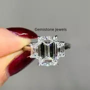 5.0 CT Emerald Moissanite Three Stone Hidden Halo Engagement Ring 14K White Gold