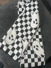 Oversized Checkered Ghost Throw Blanket 50x70 B&W Halloween Cotton Blend
