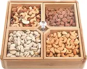 WUWEOT Bamboo Nut and Candy Serving Tray, Snack Tray, Party Appetizer Platter Veggie Dish, Candy Bowl with Acrylic Lid & Removable Dividers for Serving Trays, Taco Dip Parties Platters & Chip Bowls