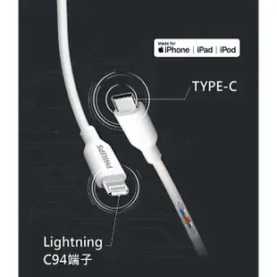 【Philips 飛利浦】TypeC to Lightning 100cm MFI充電線 DLC4549V(iPhone14 ProMax 6.7吋抗藍光保貼組合)