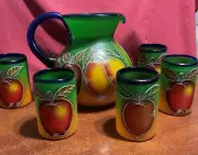 MEXICAN HAND PAINTED HAND BLOWN PITCHER 10”. W/ 5 GLASS. 5” NEW. DISPLAY UNIT