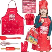 Baketivity Kids Chef Hat and Apron Set - One Size Fits All (Adjustable) - Premium, Washable Cooking Outfit for Young Chefs & Junior Bakers - Boys & Girls