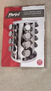 NEW Parini 17 Piece Stainless Steel Carousel Spice Rack With Glass Jars Rotation