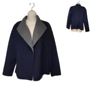 Talbots Soft Gray Navy Blue Open Cardigan Sweater Jacket Shawl Collar Size L