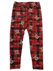 Junior Womens Red Plaid Reindeer Holiday Leggings Stretch Pants