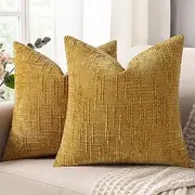 [decorUhome] Pack of 2 Spring Chenille Couch Throw Pillow Covers 18x18 Inch Neutral Soft Decorative Pillow Covers Farmhouse Boho Texture Modern Home Decor for Sofa Bedroom Living Room, Mustard Yellow