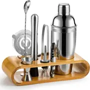 10-Piece Stainless Steel Bartender Kit with Stylish Bamboo Stand (Silver)
