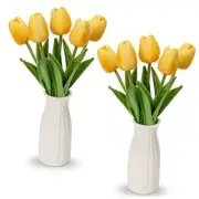 2 Packs Faux Flowers Artificial Tulips with Ceramic Vase, Poly Foam Yellow