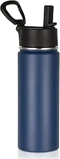 [Volhoply] 18oz Kids Insulated Water Bottle,530ml Stainless Steel Water Bottles with Straw Lid,Wide Mouth Reusable Metal Cups,Double Wall Vacuum Sports Travel Flask for Cold Drink(Navy,1 Set)