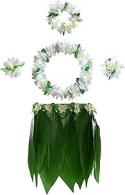KEFAN Leaf Hula Skirt and Hawaiian Leis Set Grass Skirt with Artificial Hibiscus Flowers for Hula Costume and Beach Party
