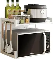 Expandable Microwave Oven Rack, Kitchen Shelf With Hooks, 2-Tier Kitchen Counter Organizer Shelf Stand, Pot Pan Grill Storage Racks, Carbon Steel Heavy Load 55lbs Weight Capacity.(Color:White)