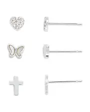 Argento Vivo Pave Heart, Mother Of Pearl Butterfly & Cross Stud Earrings in Sterling Silver, Set of 3