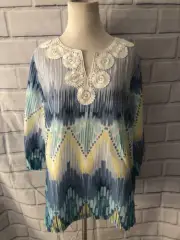 NWT Alfred Dunner Plus Size Tunic Top Sz 12 Light Blue Crochet Yellow 3/4 Slv