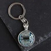 [jiefeng] Blue Circuit Board Keychain,Computer Keyring,Original Keychain,Special Keychain,Keychain Accessories,Antique Pendant,Vintage Art picture,Glass Round Silver Keychain,
