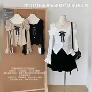 Long-Sleeve Square Neck Plain Bow Knit Top White - One Size