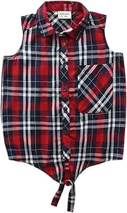[MOMOLAND] Big Girls Sleeveless Woven Plaid Button Down Shirts with Collar Red Black Navy Color