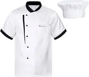 [TiaoBug] Unisex Short Sleeve/Long Sleeve Chef Coat Jacket with Hat Lightweight Button Restaurant Kitchen Chef Top Uniform
