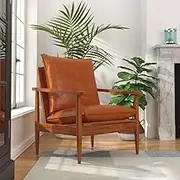 Generic Armchair Brown Real Leather with Acacia Wood