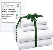 RUVANTI 100% Organic Cotton Sheets King Size Sheets Set, 4 PC Cotton King Sheet Set, Soft & Breathable Crispy Percale Weave, Deep Pocket King Sheets, Hotel Quality Bed Sheets King Size -Bright White