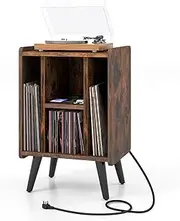 Giantex Record Player Stand, Vinyl Record Storage Turntable Stand with 4 Open Shelves, Power Outlet and USB Charging Port, Vintage Record Player Holder Display Shelf (Brown)
