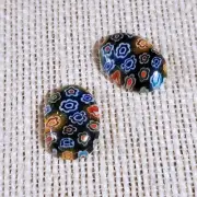 Millefiori Art Glass Cabochons 18x13mm Oval Multi Color White Flowers 2 pcs