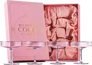 GLASSIQUE CADEAU Vintage Art Deco Blush Pink Coupe Glasses with Gold Rims | Set of 4 | 7 oz Crystal Ribbed Cocktail Glassware for Drinking Champagne, Martini, Cosmopolitan | Girly Speakeasy Saucers