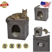 Cozy Cat Cube with Plush Topper - Elevated Hideaway for Cats & Small Pets