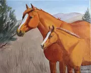 original oil painting western horse horses mare foal colt sorrel C Proebstel