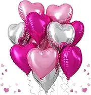 Hot Pink Silver Heart Balloons, 18 Inch 12 Pcs Light Pink Silver Foil Heart Balloons Hot Pink Silver and Pink Heart Shape Mylar Balloons for Birthday Wedding Valentines Anniversary Baby Shower