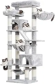 Heybly Cat Tree，180cm Tall Tower for Indoor Cats with 2 Perches, 2 Big Condos, 2 Hammocks, Basket, Scratching Pad，Large Cat Furniture and Condo, Light Gray HCT034W