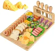 Large Wooden Charcuterie Board with 4 Piece Cheese Knife, Premium Bamboo Cheese Board with 2 Sizes Grooves for Wine Cookies, Kitchen Cheese Serving Platter for Meat, Cheese Platter Serving Tray