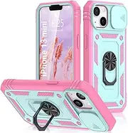 PASNEW for iPhone 13 Mini Case Camera Cover,360° Kickstand & Charge Port Dust Plug,Military Heavy Duty Hard Shell Shockproof Cases for 13mini 5.4" Green Pink