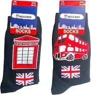 [Souvenirs] 2 Pairs Men's London Socks - Black Bus & Telephone Box Design, Size 6-11 UK - British England UJ Gift Union Jack Phone Booth Socks