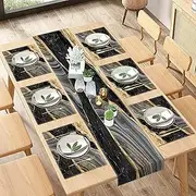 Culudea Marble Agate Golden Table Runner and Placemats Set of 6, Japanese Stone Black Gold Dining Decor for Daily Use(1 Table Runner 72 inches Long and 6 Placemats)
