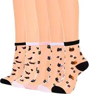 [Campsis] Cute Sheer Socks Cat Sheer Ankle Sock Lace Mesh Socks Transparent Dress Sock for Women and Girls(5 Pairs)