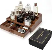 BRITEREE Cologne Organizer for Men, 3 Tier Wooden Cologne Stand with Drawer Storage and Hidden Compartment, Cologne Holder for Dresser Great Gift for Men, Brown