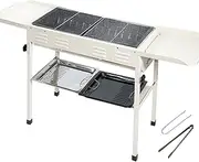 ALSTON Portable Large Barbecue Charcoal Grill Stove Foldable Charcoal Outdoor Camping Barbecue Stainless Steel BBQ Grill, with 2 Grill Nets 2 Enamel Baking Pans Tong, 122x55x31cm