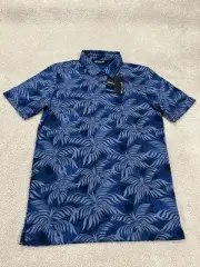Travis Mathew Polo Shirt Mens Small Blue Floral Palms Geometric Short Sleeve