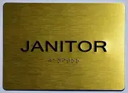 Janitor Sign With Braille and Raised Letters (Aluminum, Gold/Black,Size 5x7)