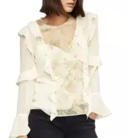 BCBG Max Azria Womens Blouse Top Cream Ruffle Floral Sequin JGK14A70 Beige Xxs