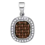 14k White Gold Brown Diamond Rounded Square-shape Halo Pendant