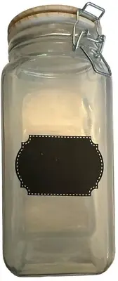Clear Glass Bailed Mason Jar Wood Lid Canister 54.1 Fl Oz 1.6 L Chalkboard Label