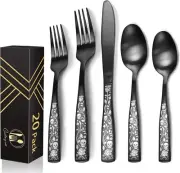IFERRENS Skull Black Silverware Set for 4, 20-Piece Black Flatware Set, Gothic