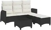 vidaXL 3 Piece L-Shaped Garden Sofa Set Black Poly Rattan - Outdoor Patio Furniture with Cushions and Adjustable Backrests for Garden, Terrace, Deck, Lounge - Removable Covers, Robust Steel Frame