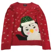 Girls Red Sequin Santa Penguin Holiday Christmas Sweater X-Large (12-14)