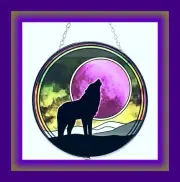WOLF Suncatcher, Stained Glass SUNCATCHER, WOLF TOTEM, Howling WOLF PURPLE MOON