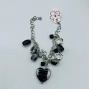Black Silvertone Heart Bead Cluster Bracelet 8”
