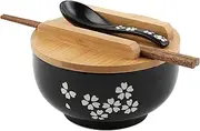 Ramen Bowl Set, Japanese Ramen Noodle Bowls with Lid Spoon, Large Ceramic Soup Bowl, Black Hand Drawn Rice Bowl Retro Tableware Noodle Bowl 6.5 inch-Perfect Gifts