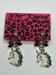 Betsey Johnson Crystal Rhinestone Enamel Pearl Unicorn Post Earrings Emerald